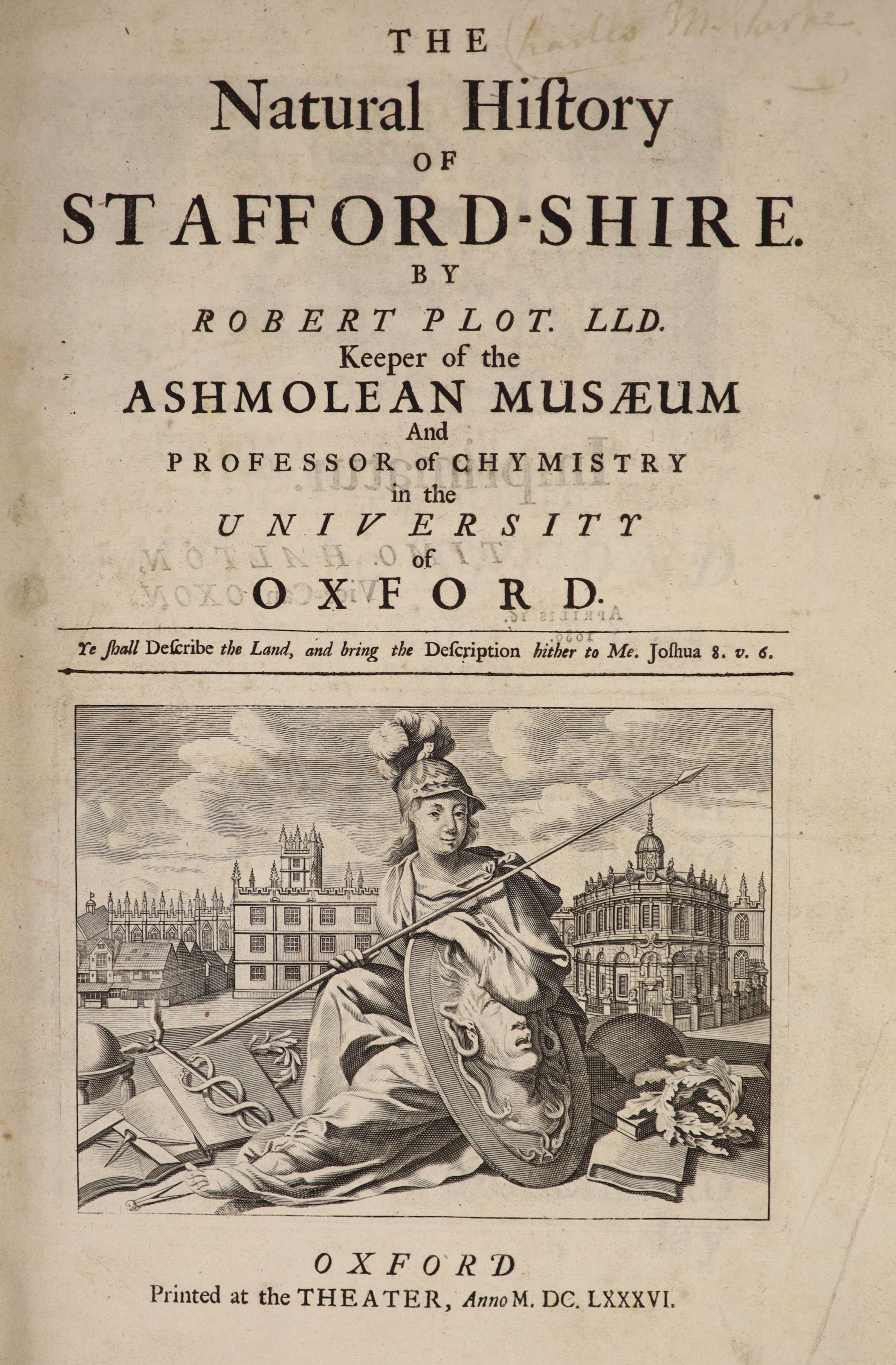 Plot, Robert - The Natural History of Staffordshire, 1st edition, folio, rebound calf by W.Pratt, with engraved title, folding map 63.5 x 54cms. (detached and badly stained) and 37 plates, 25 double paged, Oxford, 1686